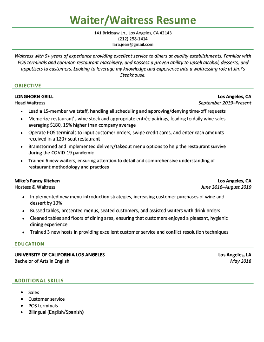 Picture of: Waiter/Waitress Resume Example & Writing Tips